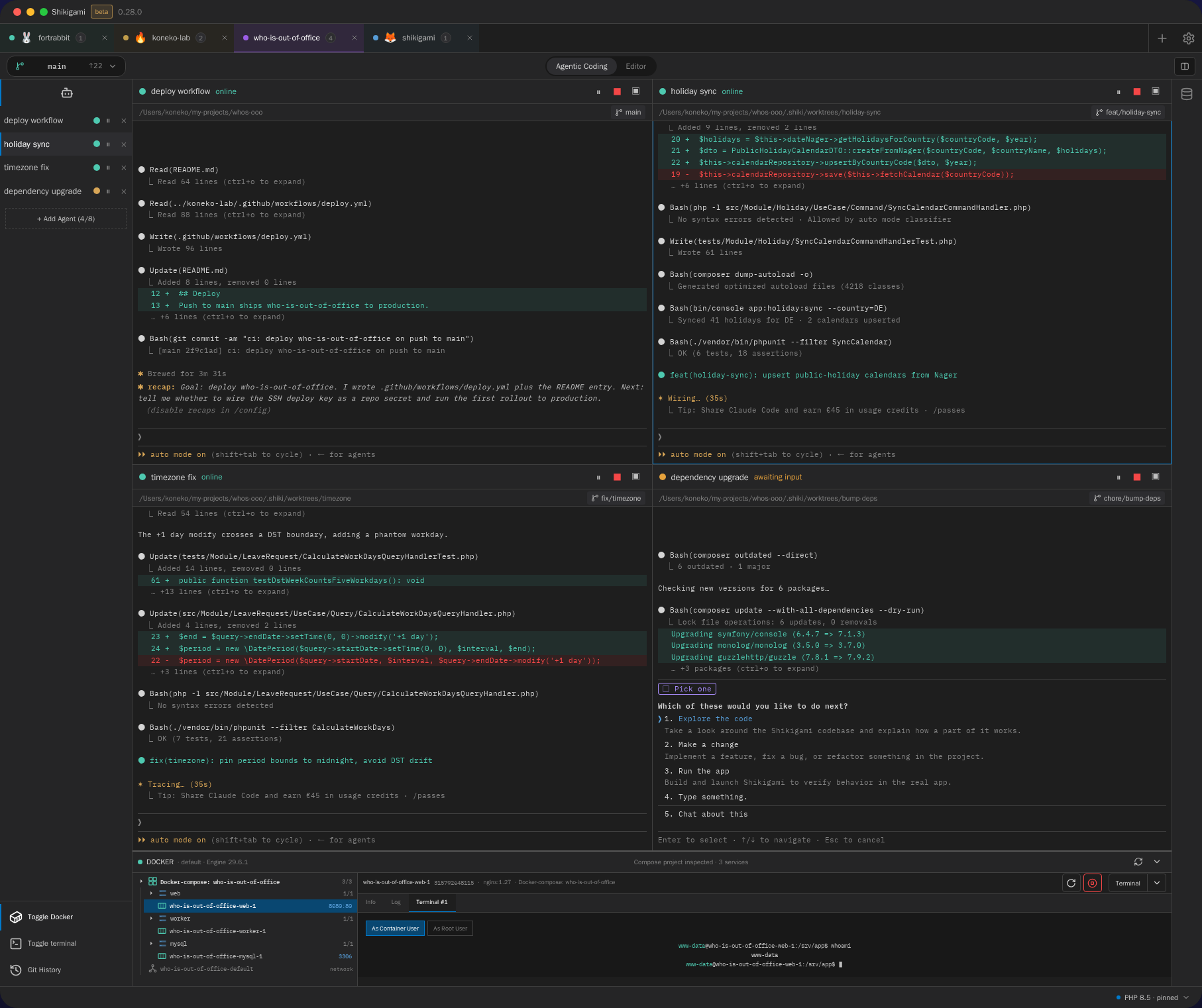 Shikigami showing parallel agents, a collapsible agent sidebar, Editor, databases, Git History, and Docker tools