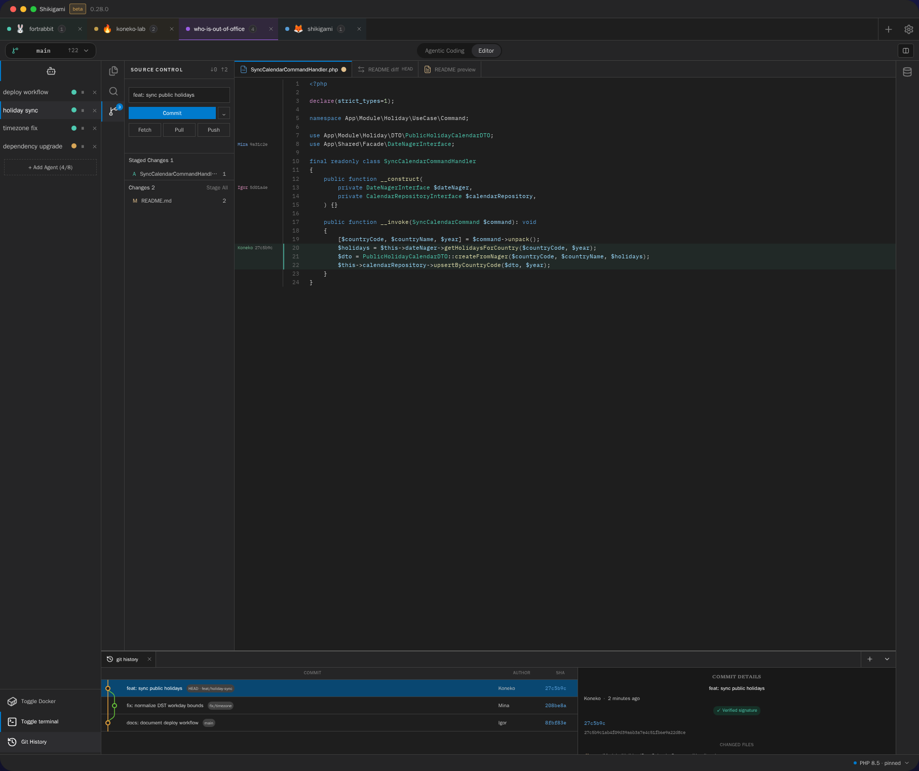Shikigami Editor with Source Control, PHP code, and Git History commit details