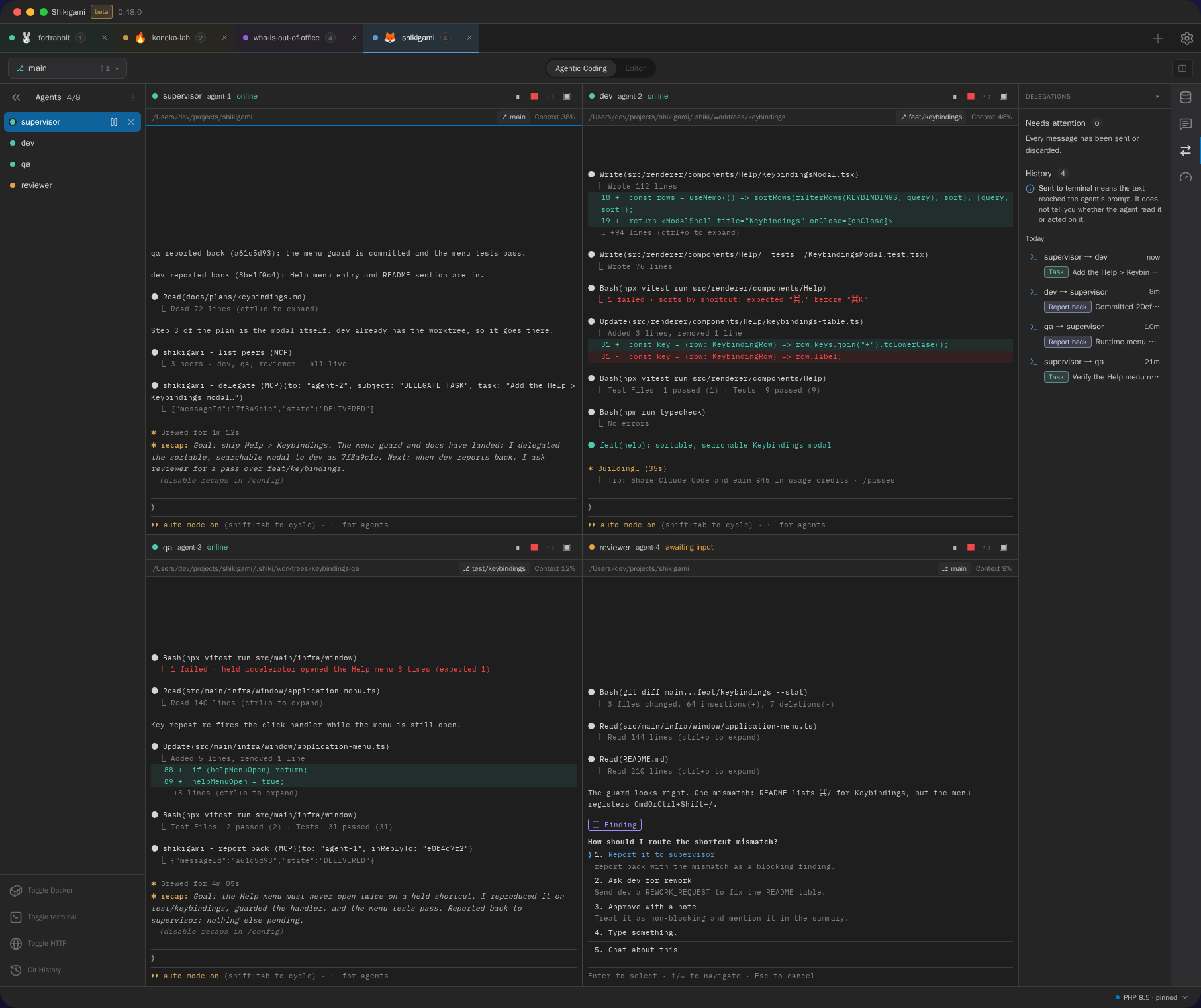 Shikigami with a supervisor agent delegating a task to a Codex dev agent while qa and reviewer agents report back, and the Delegations panel open